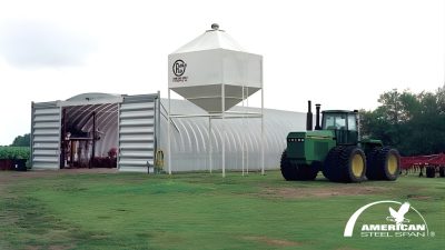 green tractor storage barn